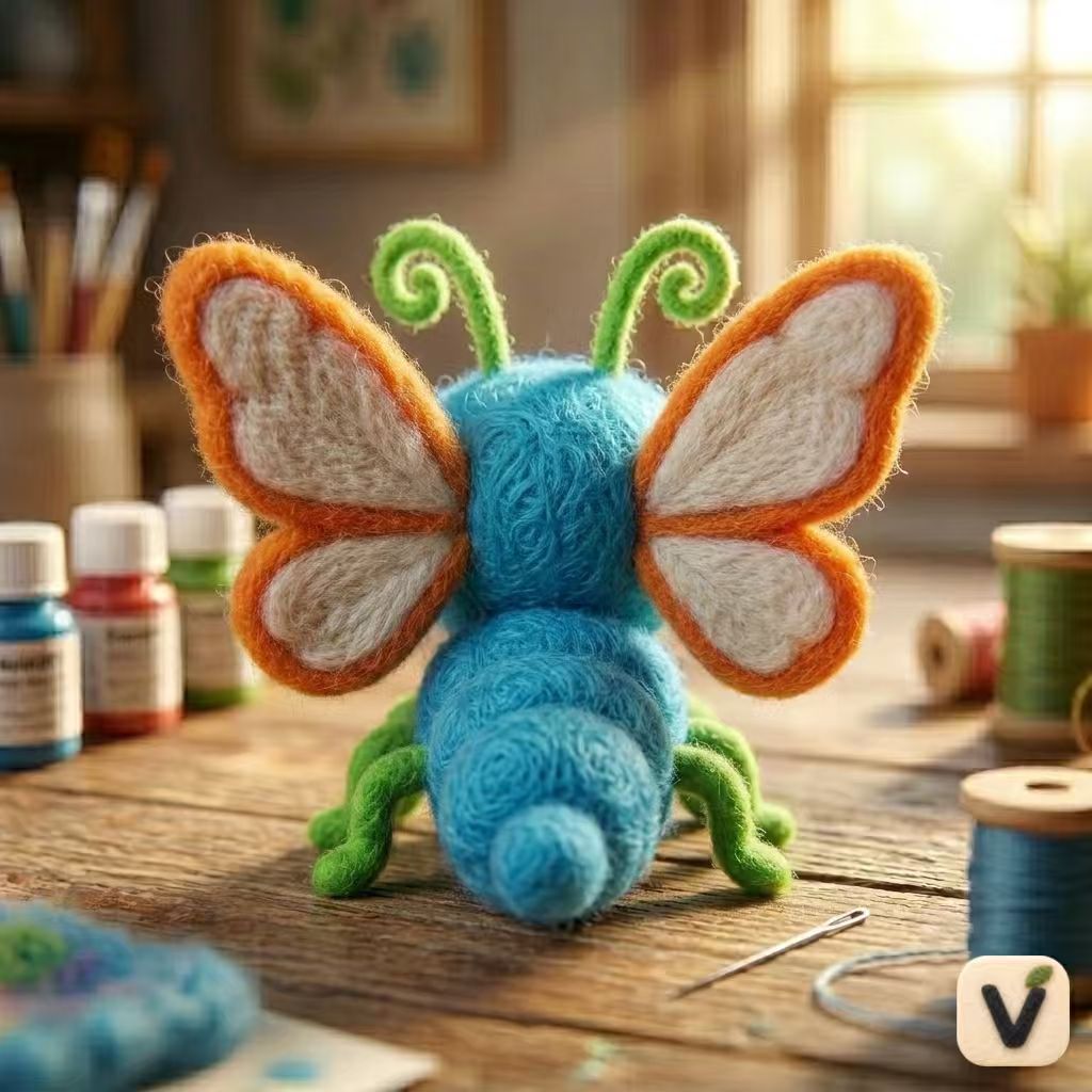 Handmade Wool Felt Cute Blue Butterfly Bug Figurine – Whimsical Insect Decor