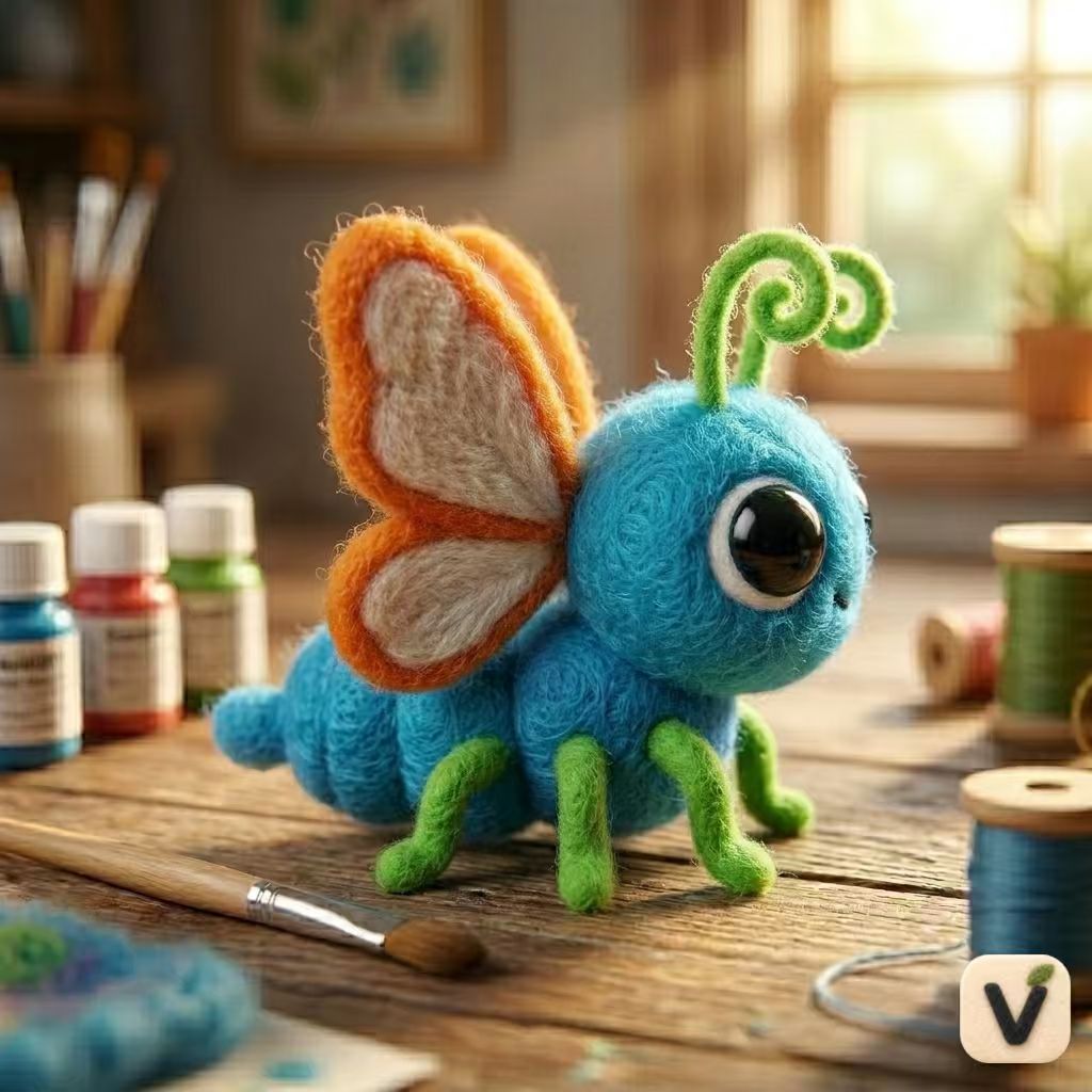 Handmade Wool Felt Cute Blue Butterfly Bug Figurine – Whimsical Insect Decor