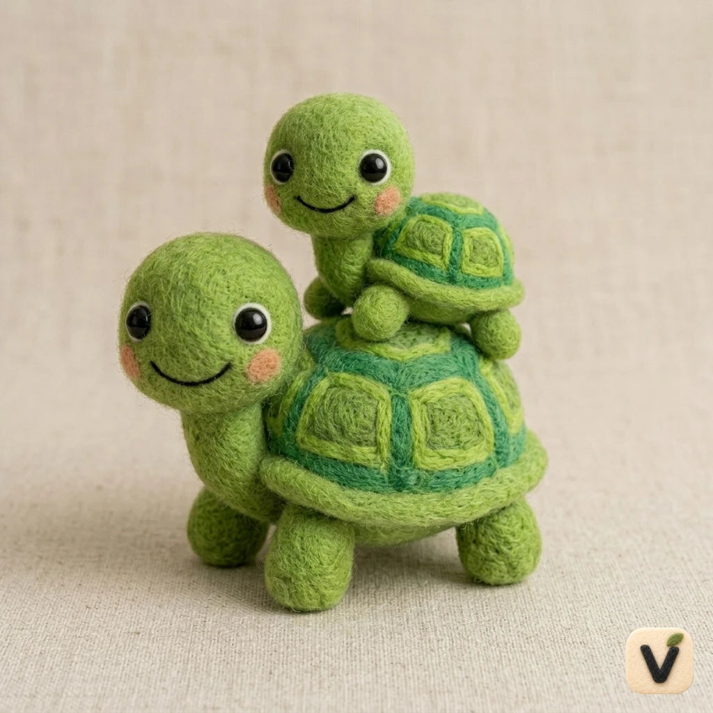 Handmade Wool Felt Mother & Baby Turtle Figurine Set – Cute Whimsical Reptile Decor