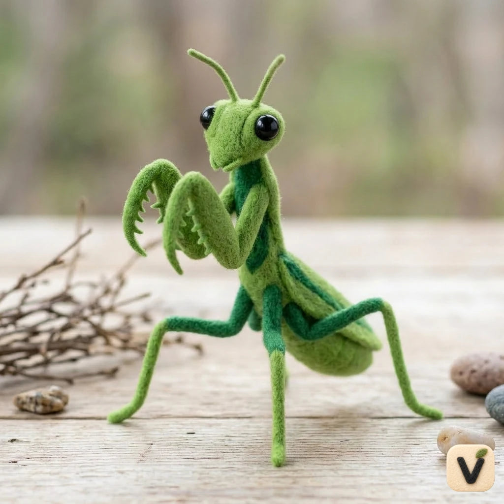 Handmade Wool Felt Praying Mantis Figurine – Realistic Whimsical Insect Decor