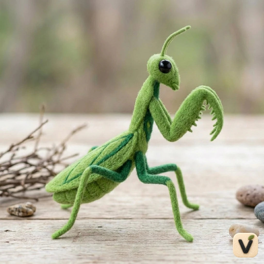 Handmade Wool Felt Praying Mantis Figurine – Realistic Whimsical Insect Decor