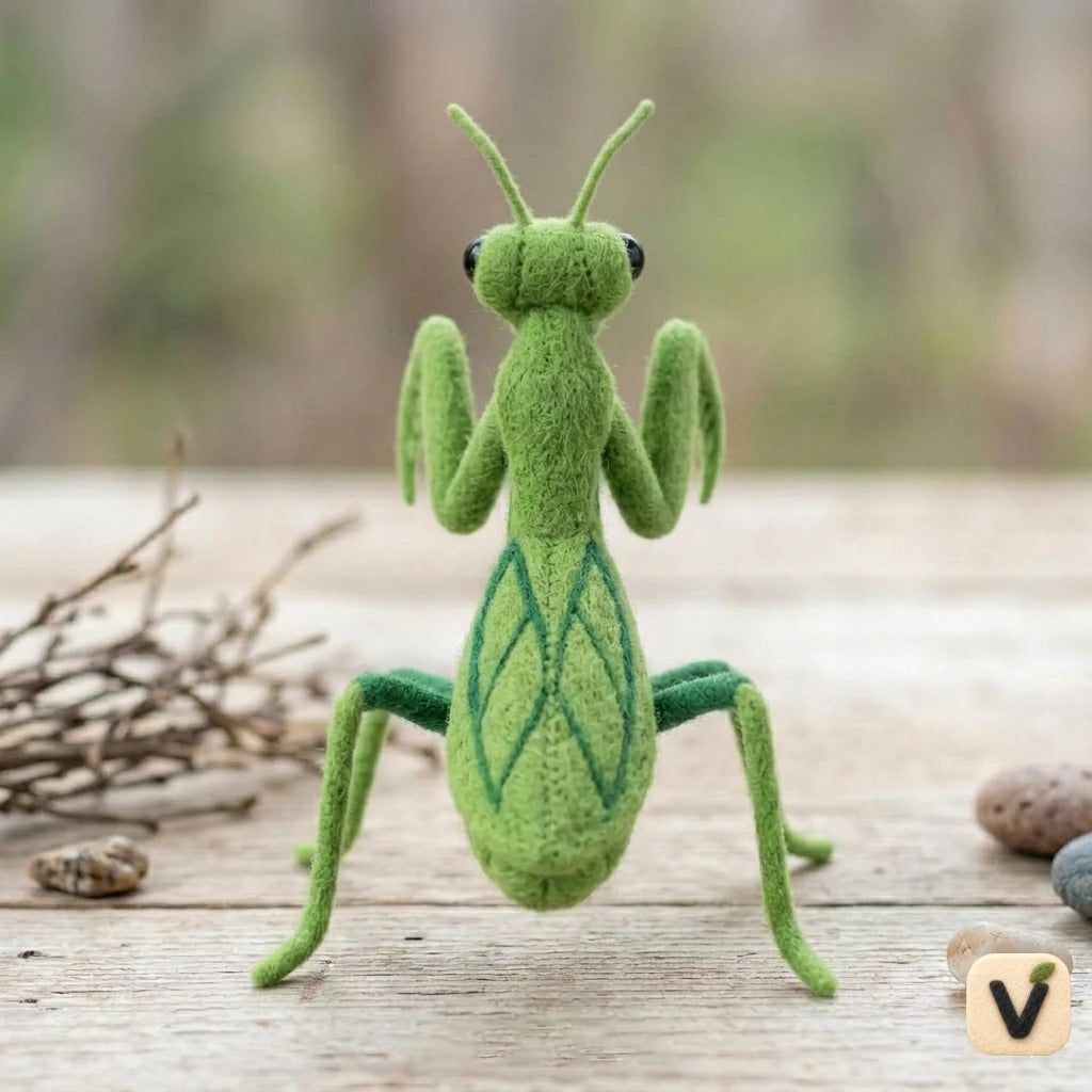 Handmade Wool Felt Praying Mantis Figurine – Realistic Whimsical Insect Decor