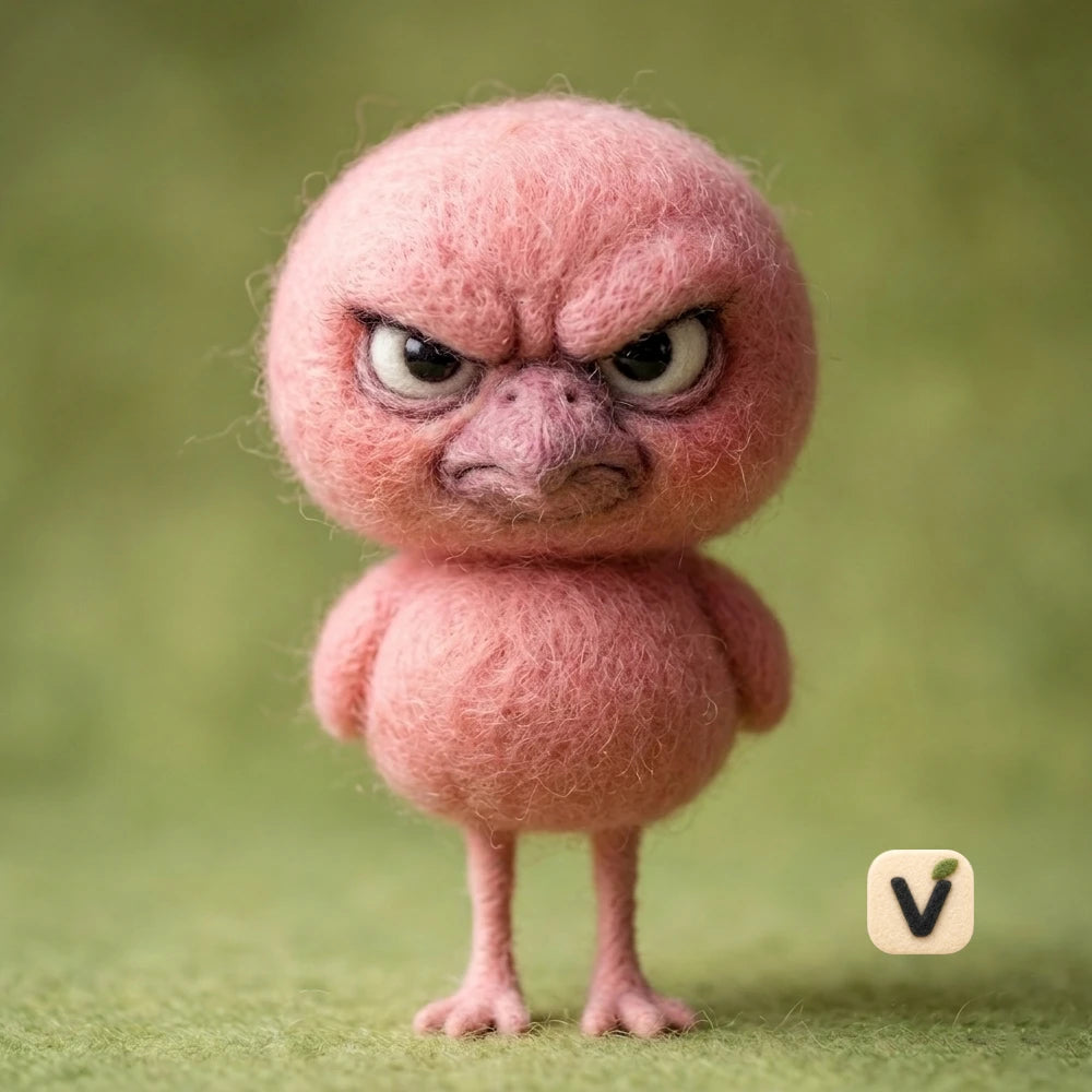 Handmade Wool Felt Grumpy Pink Bird Figurine – Quirky Novelty Bird Decor