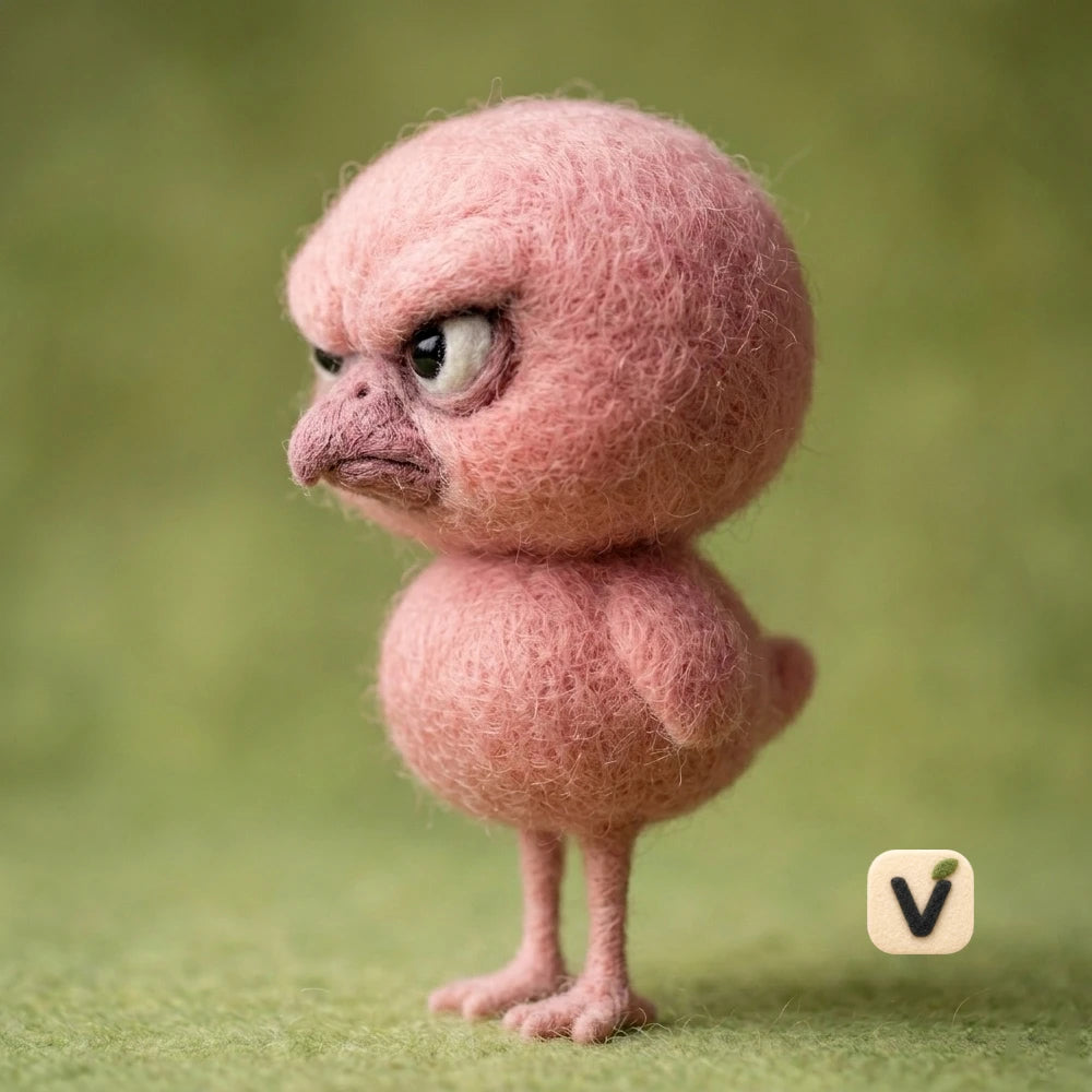 Handmade Wool Felt Grumpy Pink Bird Figurine – Quirky Novelty Bird Decor
