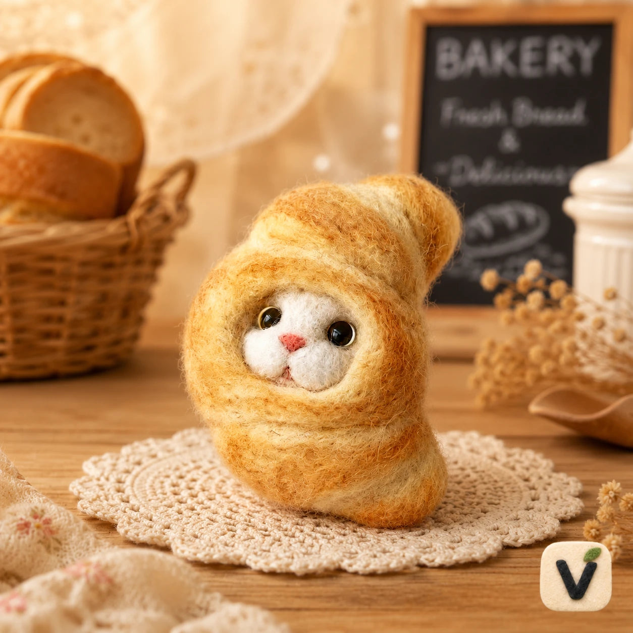 Handmade Wool Felt Croissant Cat Figurine – Cute Bakery-Themed Whimsical Decor