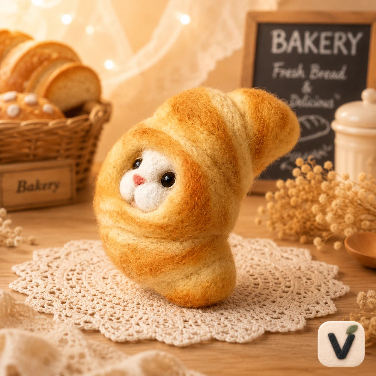 Handmade Wool Felt Croissant Cat Figurine – Cute Bakery-Themed Whimsical Decor