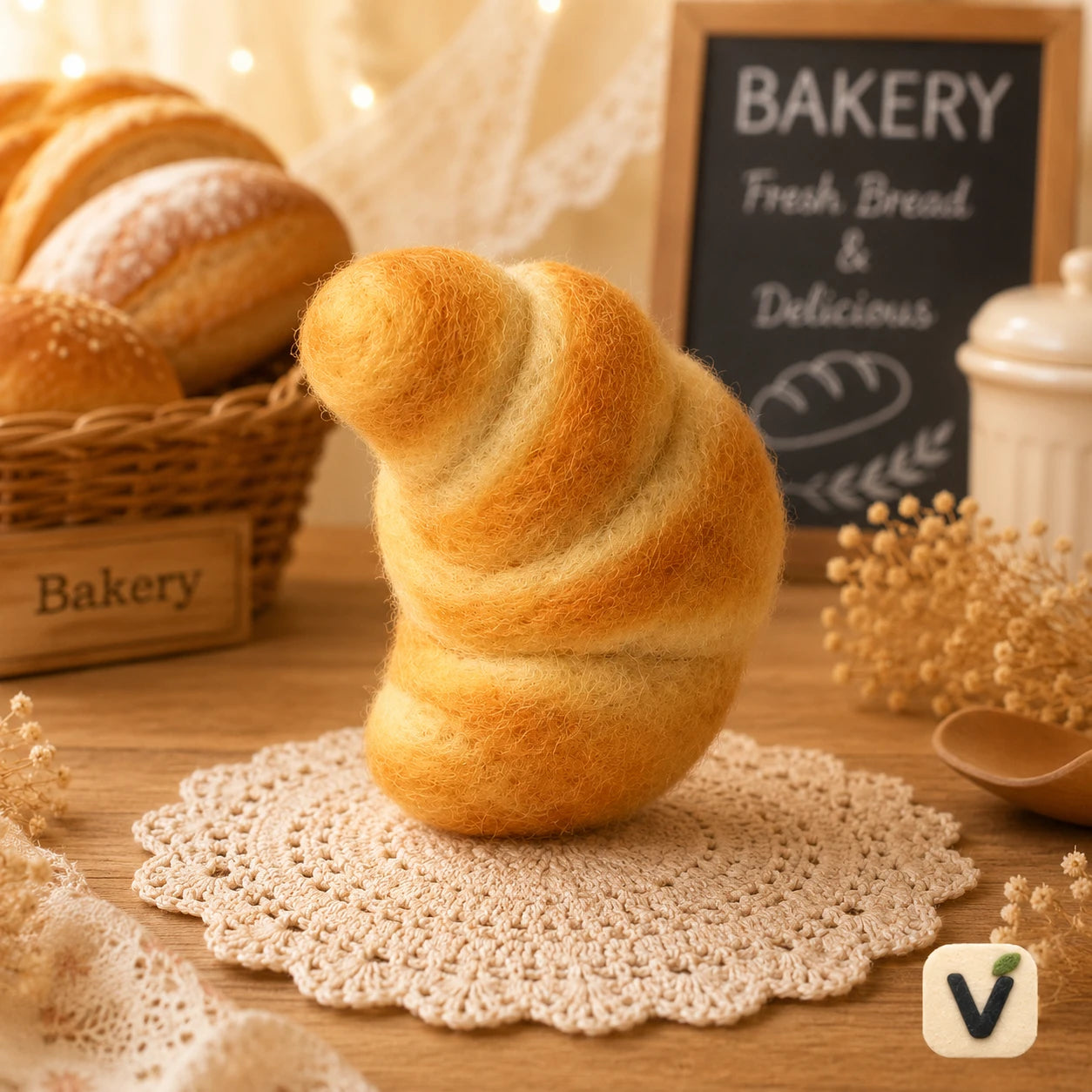 Handmade Wool Felt Croissant Cat Figurine – Cute Bakery-Themed Whimsical Decor