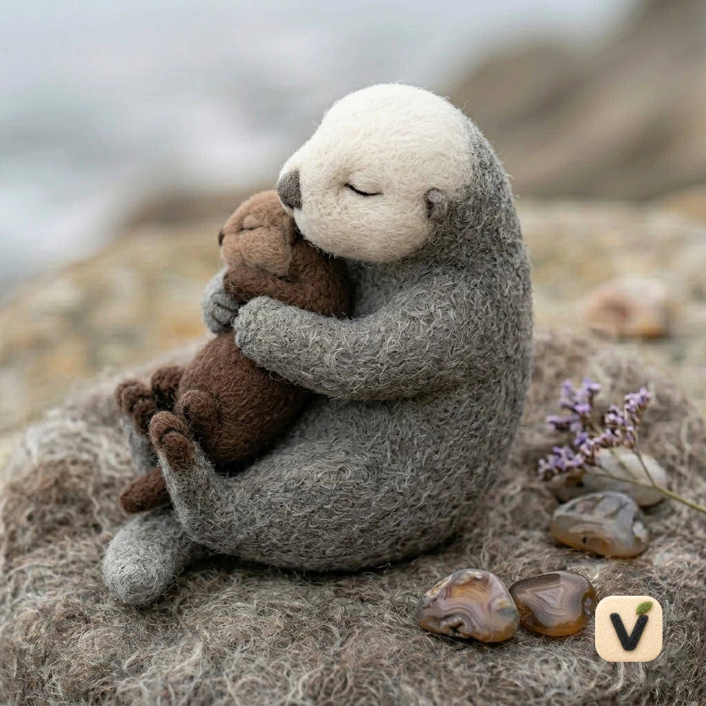 Handmade Wool Felt Mother & Baby Hugging Sea Otter Figurine – Warm Wildlife Decor