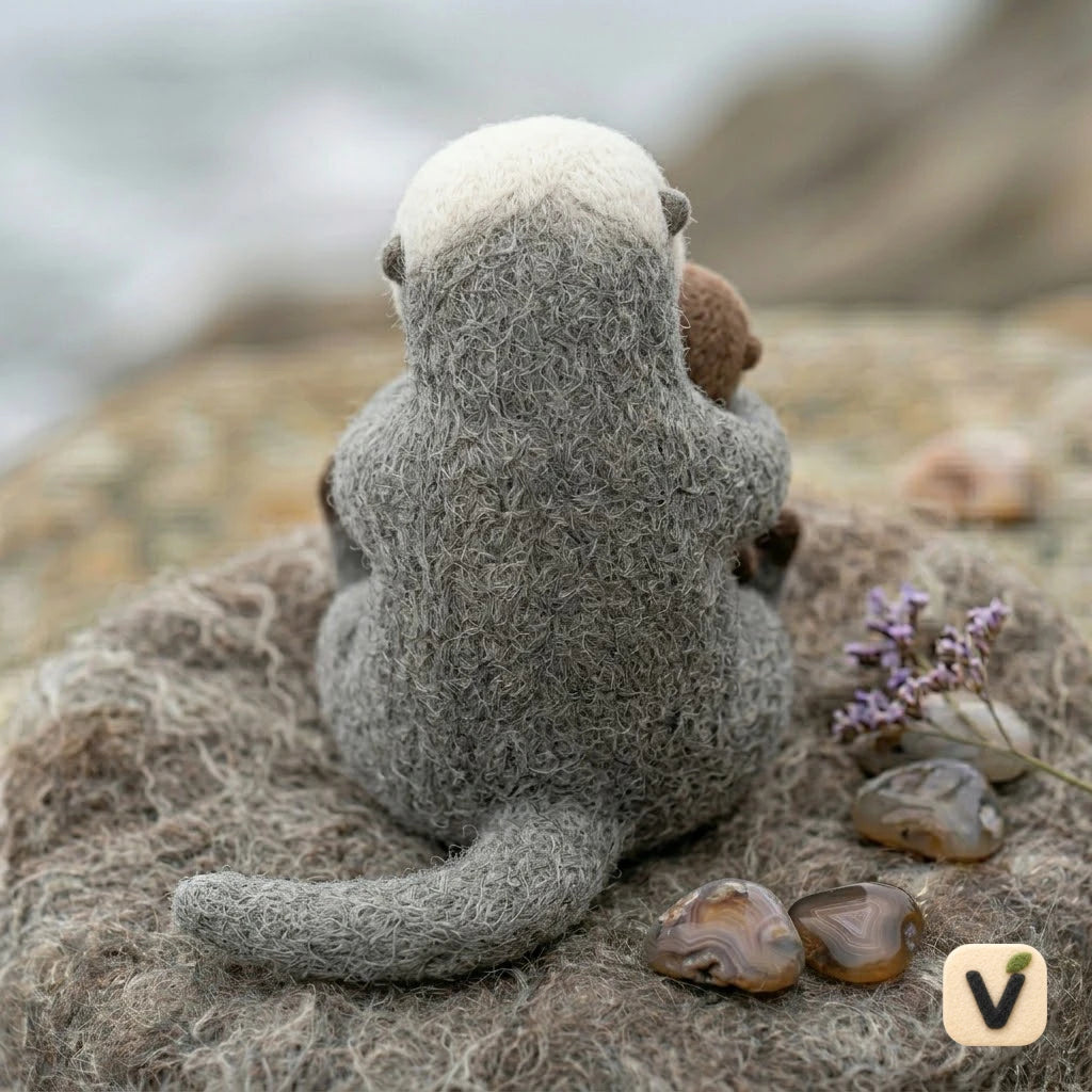 Handmade Wool Felt Mother & Baby Hugging Sea Otter Figurine – Warm Wildlife Decor