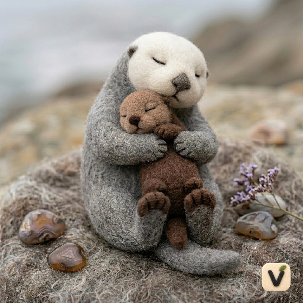 Handmade Wool Felt Mother & Baby Hugging Sea Otter Figurine – Warm Wildlife Decor