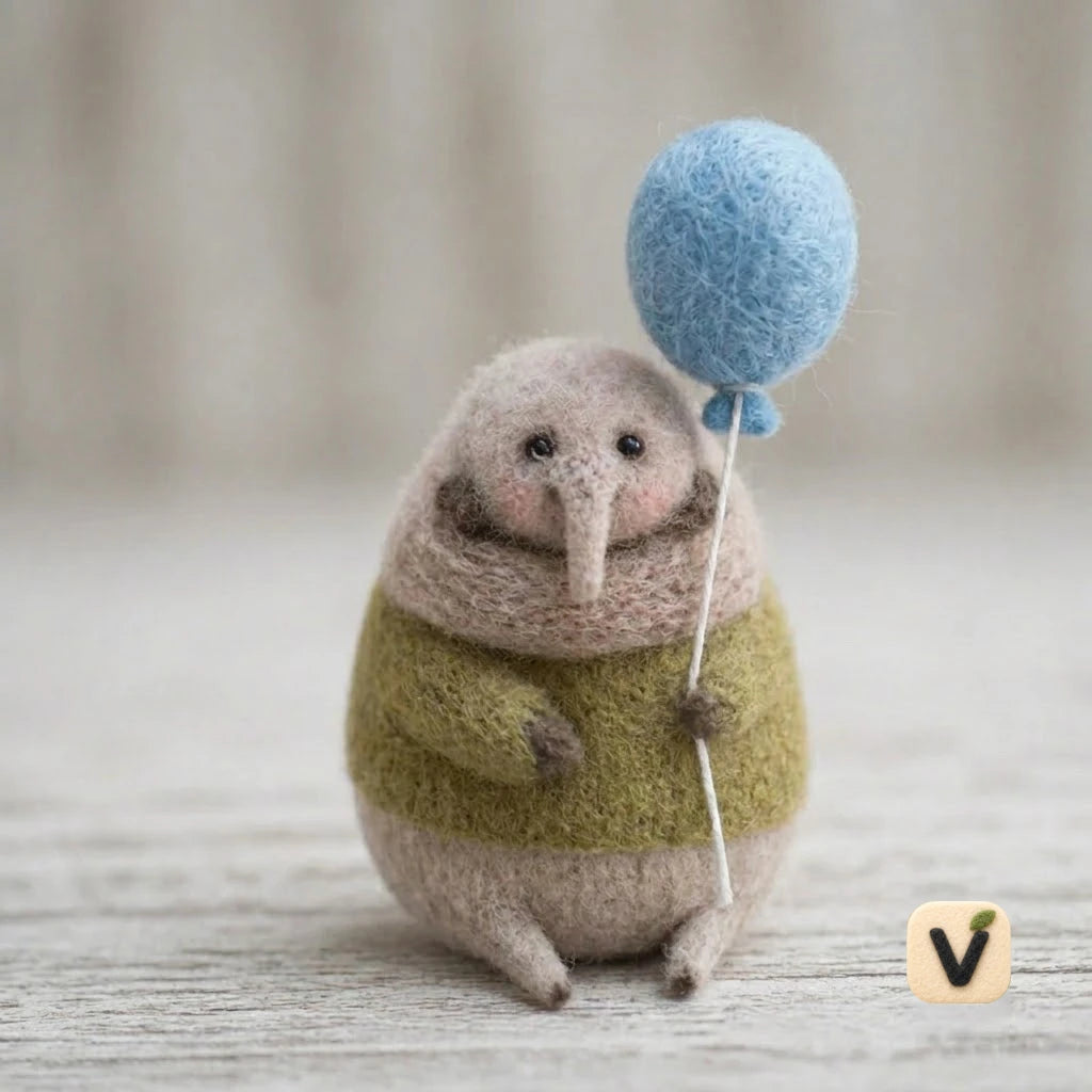 Handmade Wool Felt Mole with Balloon Figurine – Cute Whimsical Decor