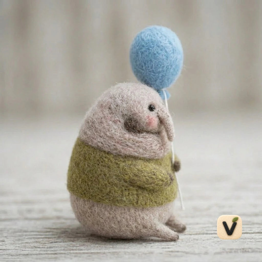 Handmade Wool Felt Mole with Balloon Figurine – Cute Whimsical Decor