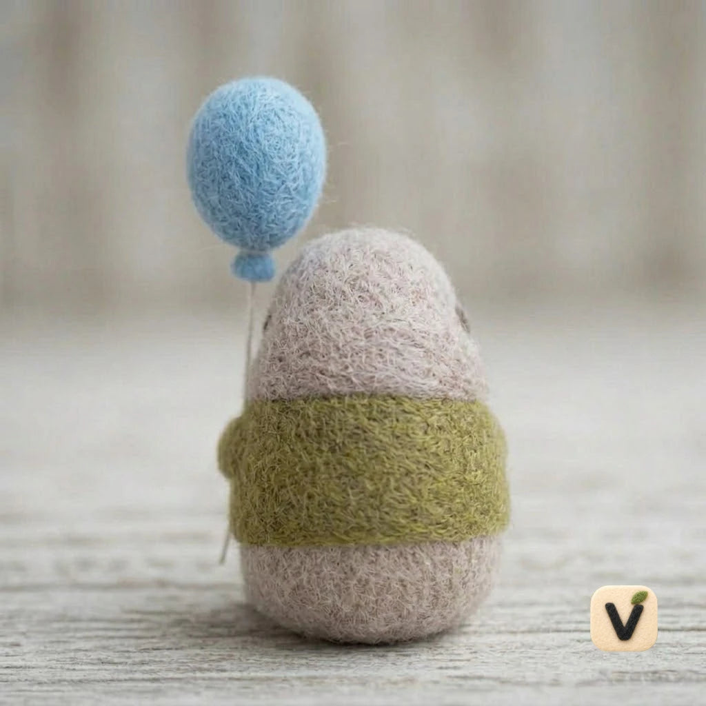 Handmade Wool Felt Mole with Balloon Figurine – Cute Whimsical Decor
