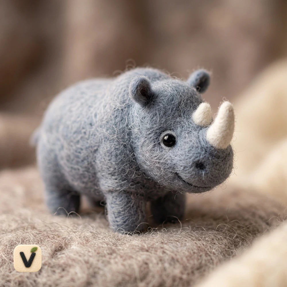 Handmade Wool Felt Cute Rhino Figurine – Whimsical Wildlife Decor