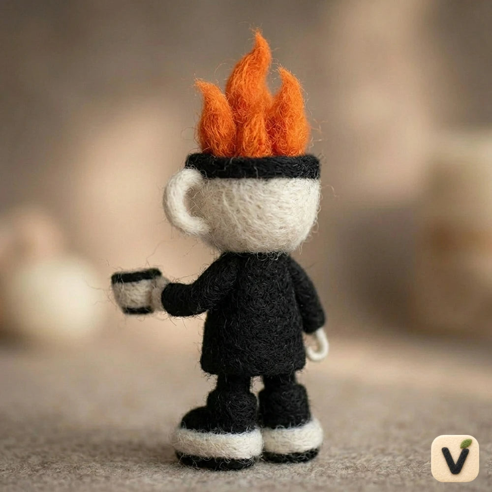 Handmade Wool Felt Coffee Cup Character with Fire Hair Figurine – Quirky Whimsical Decor