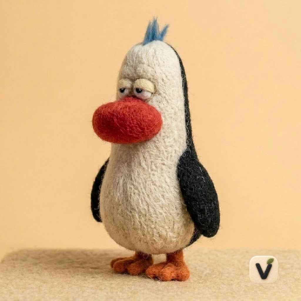Handmade Wool Felt Lazy Penguin Figurine with Big Red Beak – Cute Arctic Animal Decor