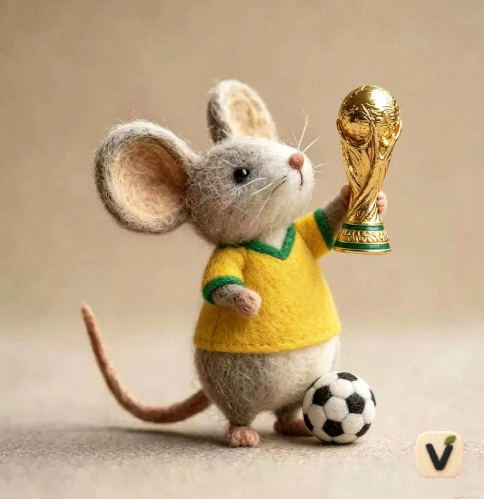 Handmade Wool Felt Brazil Jersey Champion Mouse Figurine with World Cup Trophy & Soccer Ball – Football Sports Decor