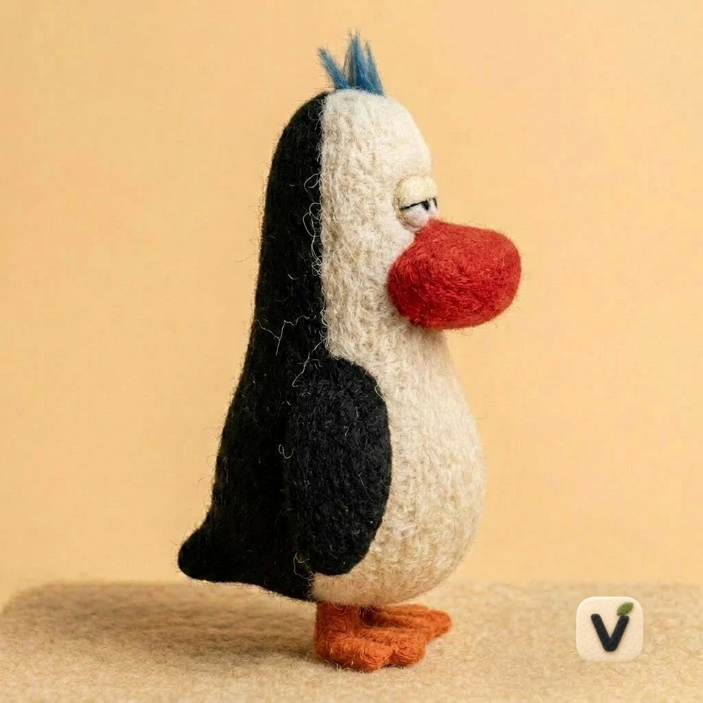 Handmade Wool Felt Lazy Penguin Figurine with Big Red Beak – Cute Arctic Animal Decor