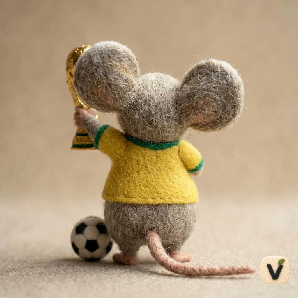 Handmade Wool Felt Brazil Jersey Champion Mouse Figurine with World Cup Trophy & Soccer Ball – Football Sports Decor