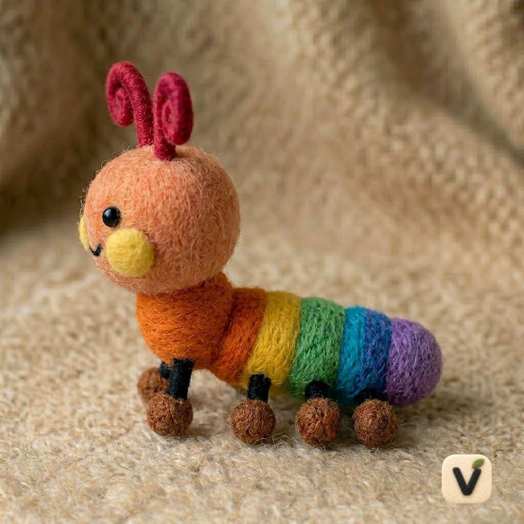 Handmade Wool Felt Rainbow Caterpillar Figurine – Cute Colorful Insect Decor