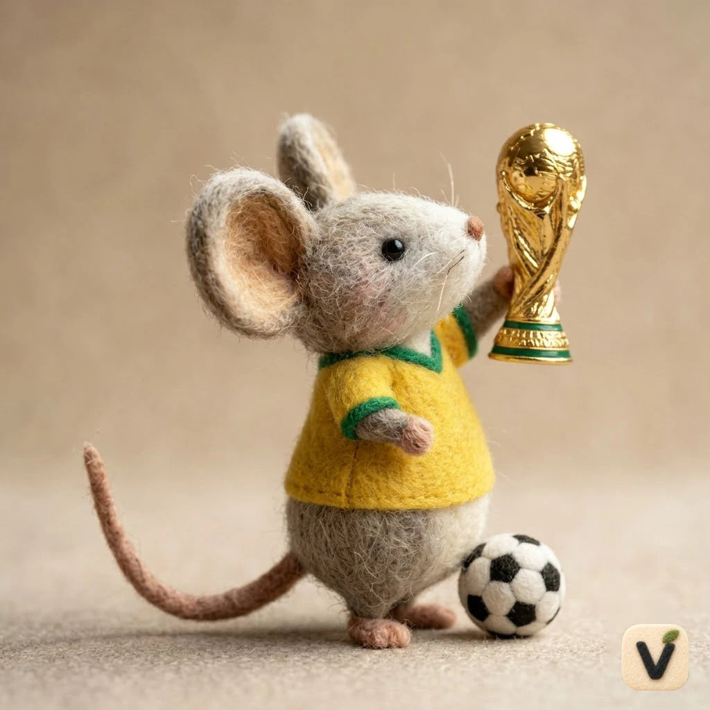 Handmade Wool Felt Brazil Jersey Champion Mouse Figurine with World Cup Trophy & Soccer Ball – Football Sports Decor