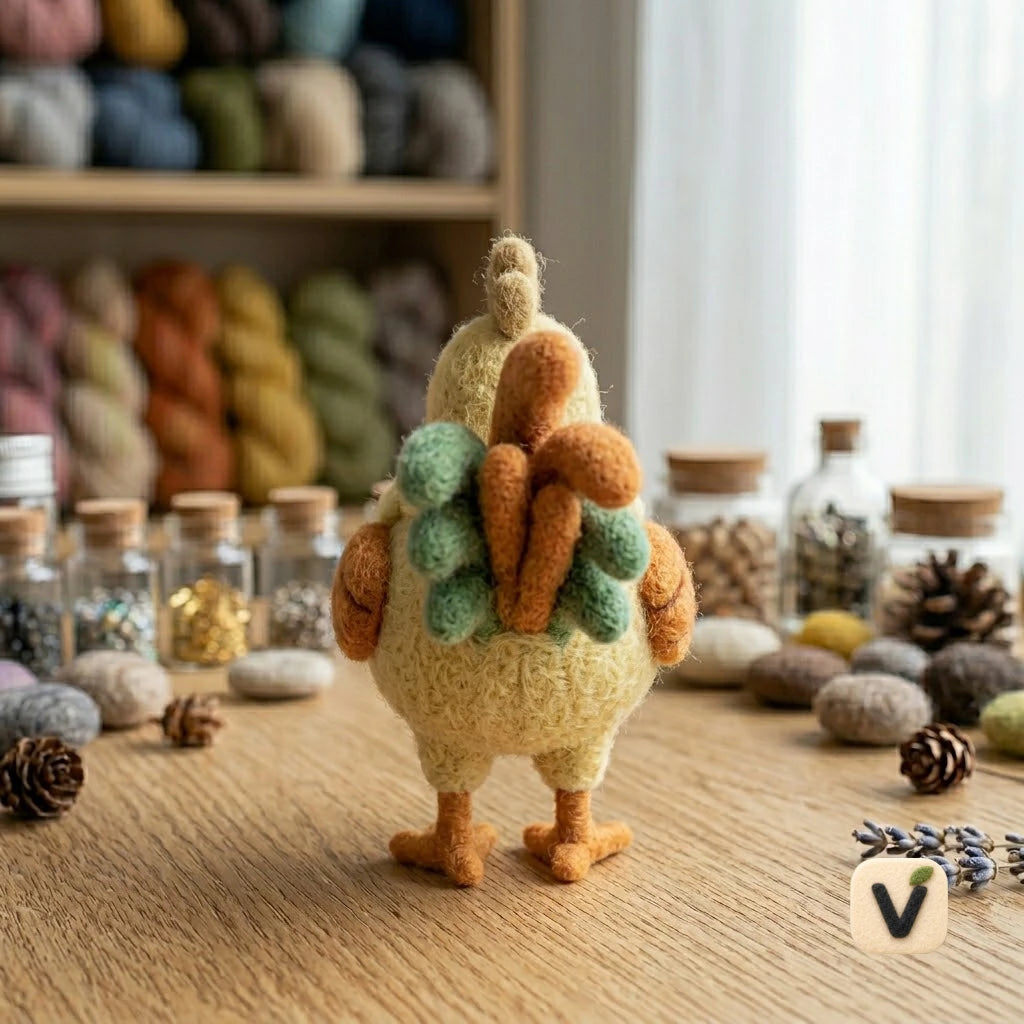 Handmade Wool Felt Cute Yellow Hen Figurine with Colorful Tail – Farm Animal Home Decor