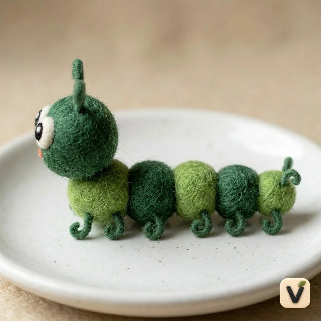 Handmade Wool Felt Gradient Green Caterpillar Figurine – Cute Insect Nature Decor