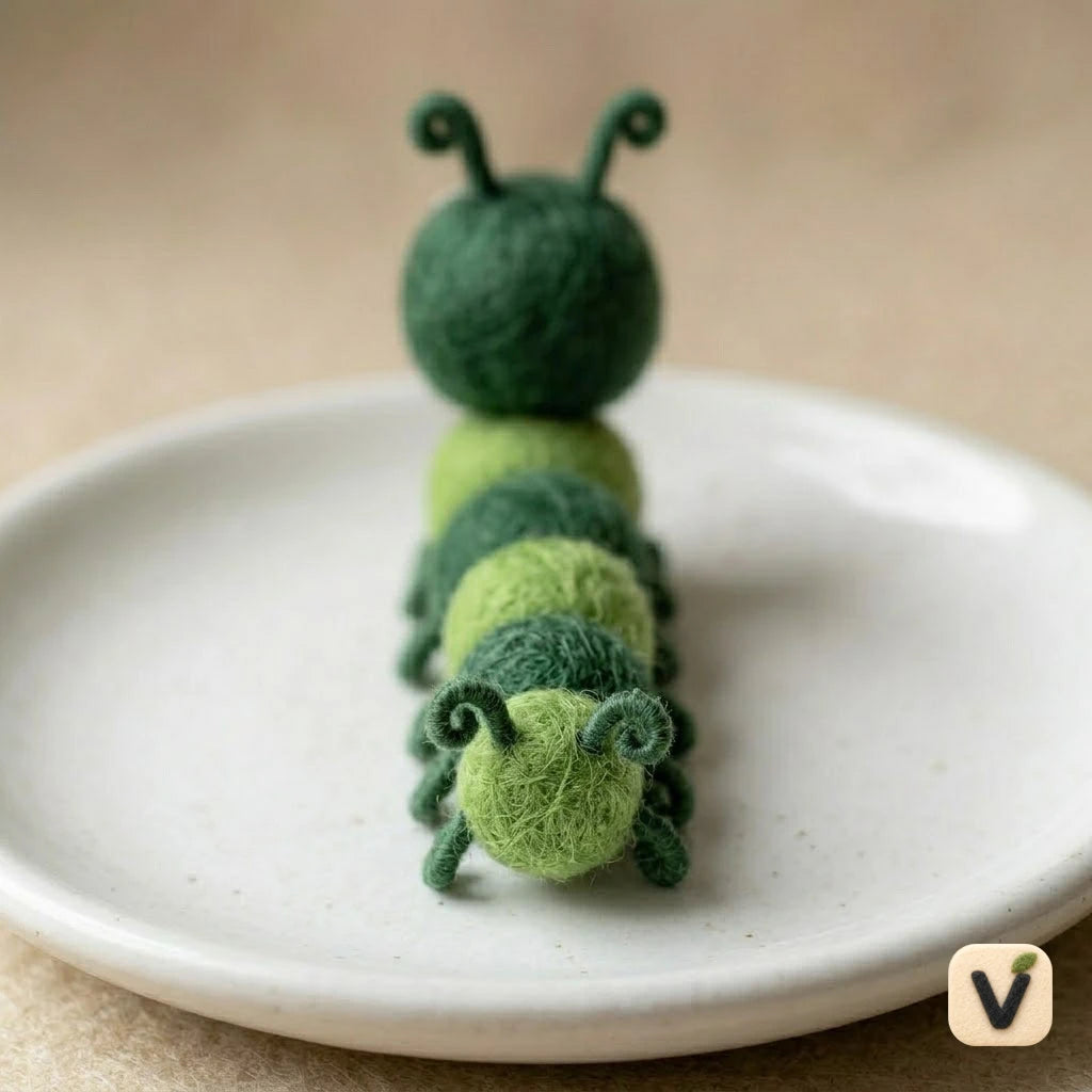 Handmade Wool Felt Gradient Green Caterpillar Figurine – Cute Insect Nature Decor