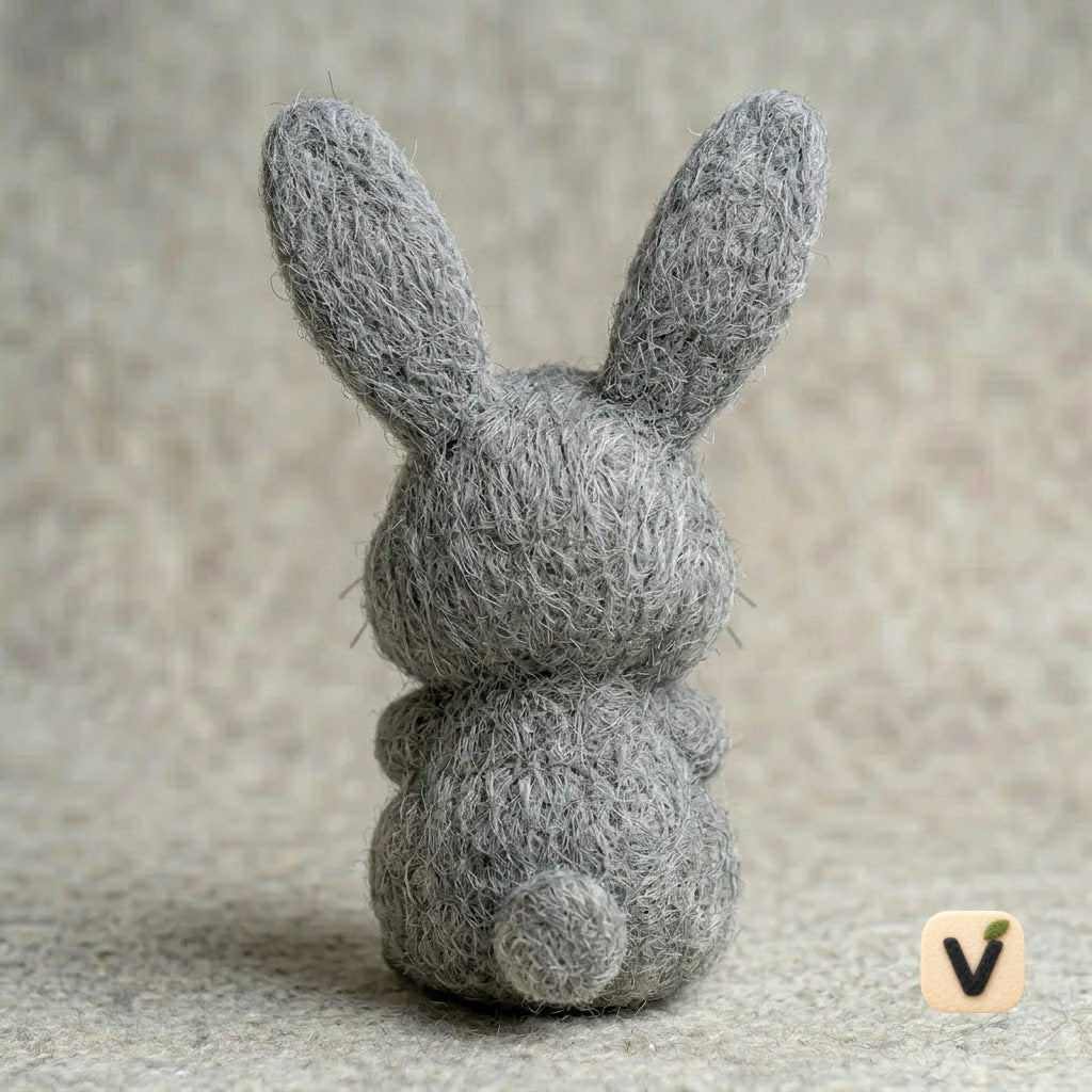 Handmade Wool Felt Grumpy Grey Bunny Figurine with Big Front Teeth – Funny Animal Desk Decor