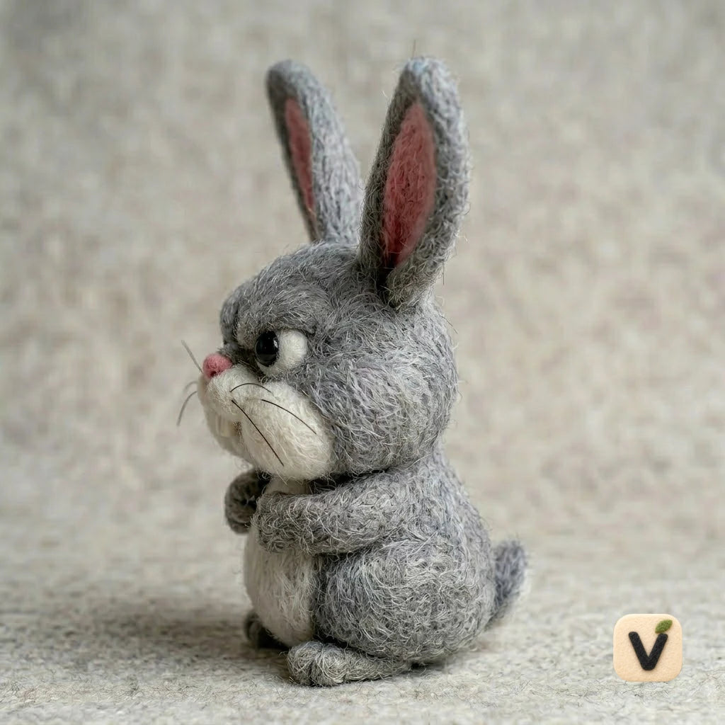 Handmade Wool Felt Grumpy Grey Bunny Figurine with Big Front Teeth – Funny Animal Desk Decor