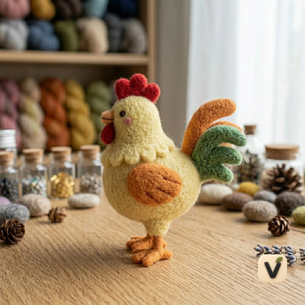 Handmade Wool Felt Cute Yellow Hen Figurine with Colorful Tail – Farm Animal Home Decor