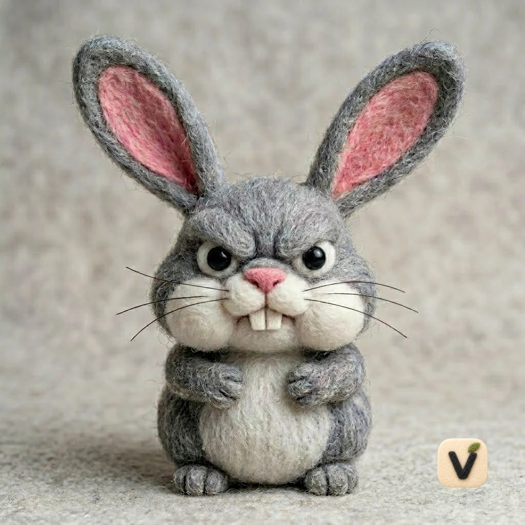 Handmade Wool Felt Grumpy Grey Bunny Figurine with Big Front Teeth – Funny Animal Desk Decor