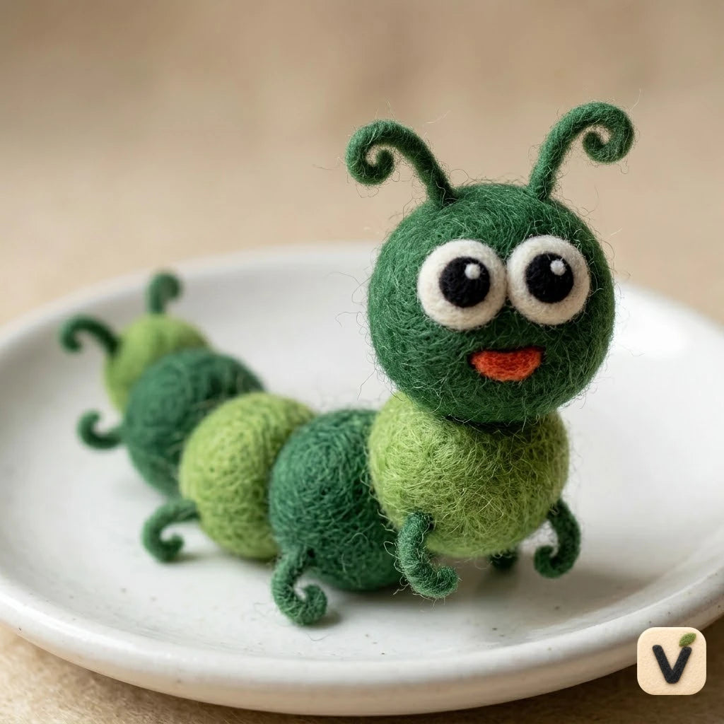 Handmade Wool Felt Gradient Green Caterpillar Figurine – Cute Insect Nature Decor