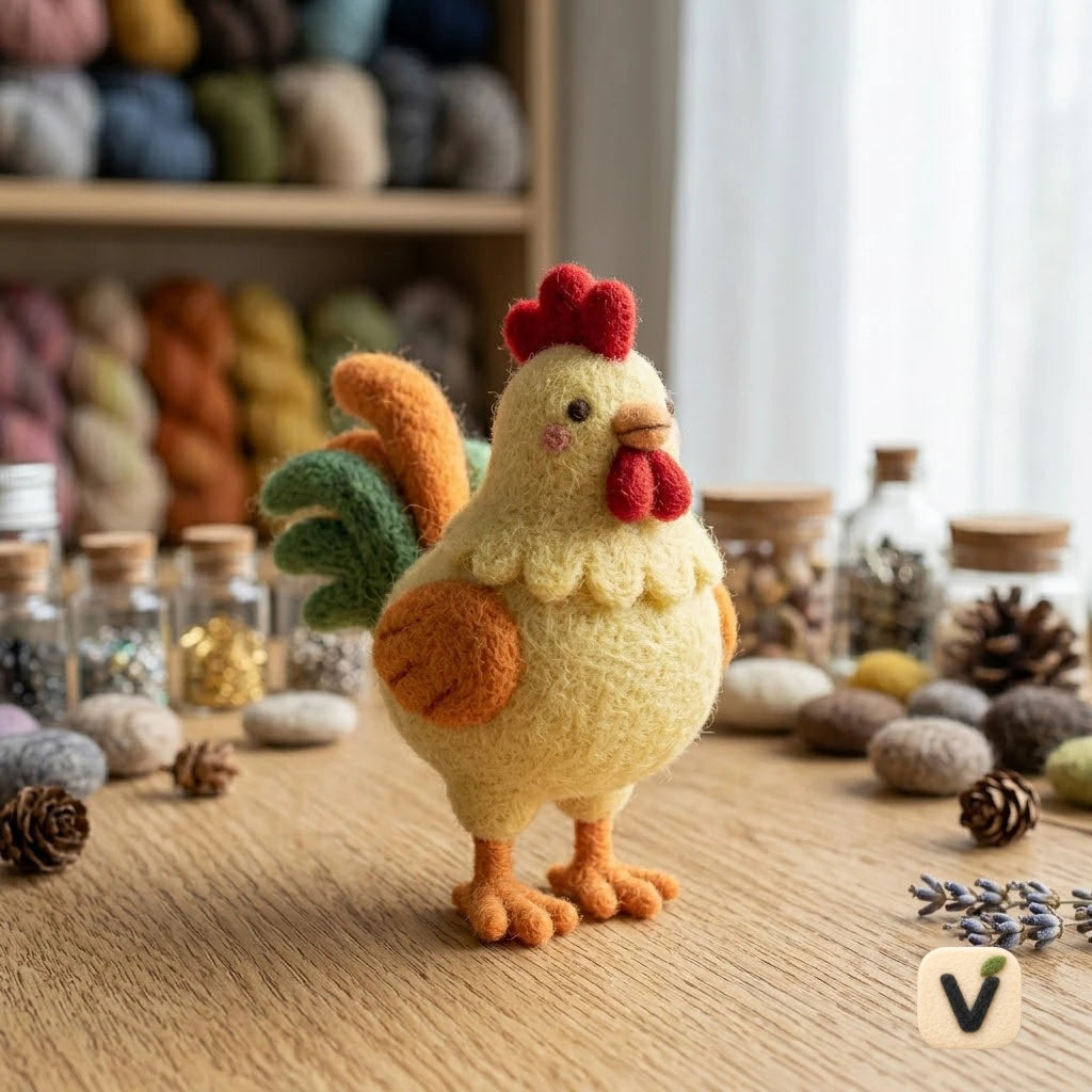 Handmade Wool Felt Cute Yellow Hen Figurine with Colorful Tail – Farm Animal Home Decor