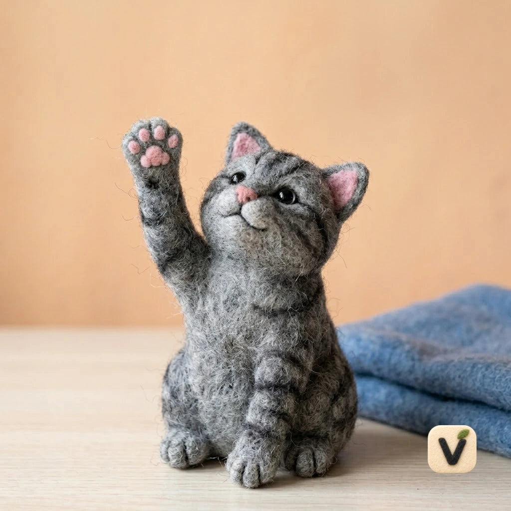 Handmade Wool Felt Grey Tabby Cat Figurine – Realistic Waving Kitten Decor