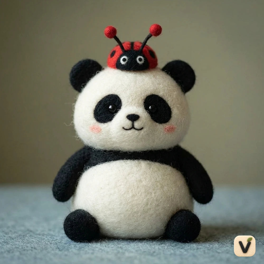 Handmade Wool Felt Panda with Ladybug on Head Figurine – Cute Whimsical Decor
