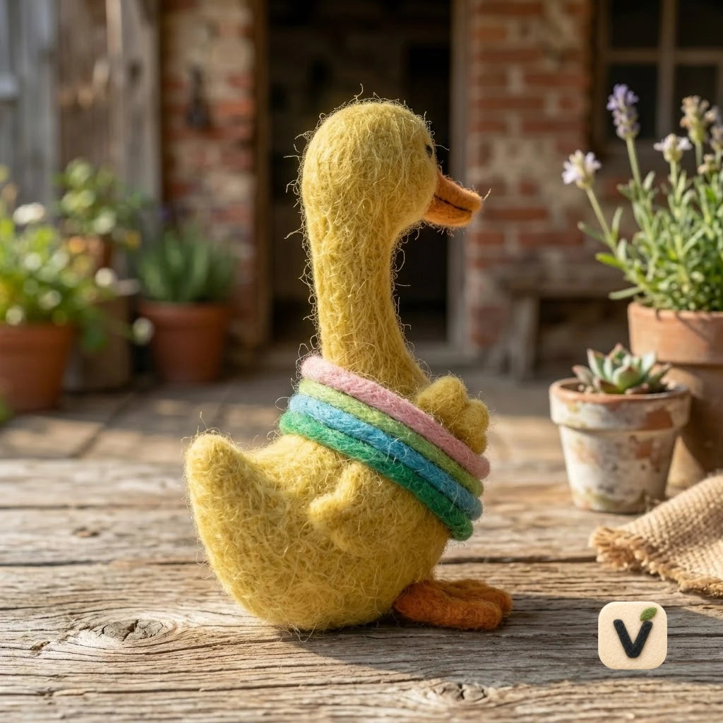 Handmade Wool Felt Yellow Duck Figurine with Colorful Rainbow Float Rings – Rustic Farm Animal Table Decor
