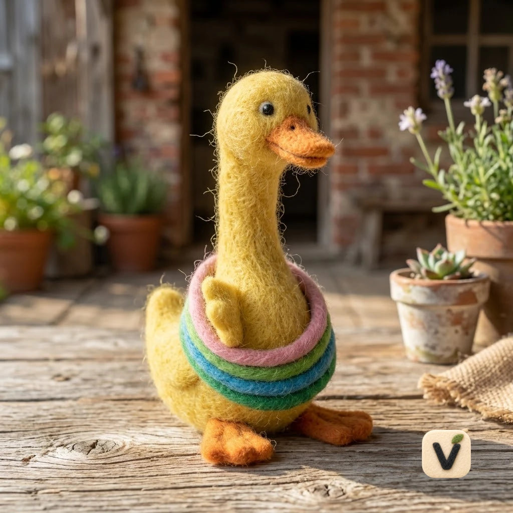 Handmade Wool Felt Yellow Duck Figurine with Colorful Rainbow Float Rings – Rustic Farm Animal Table Decor