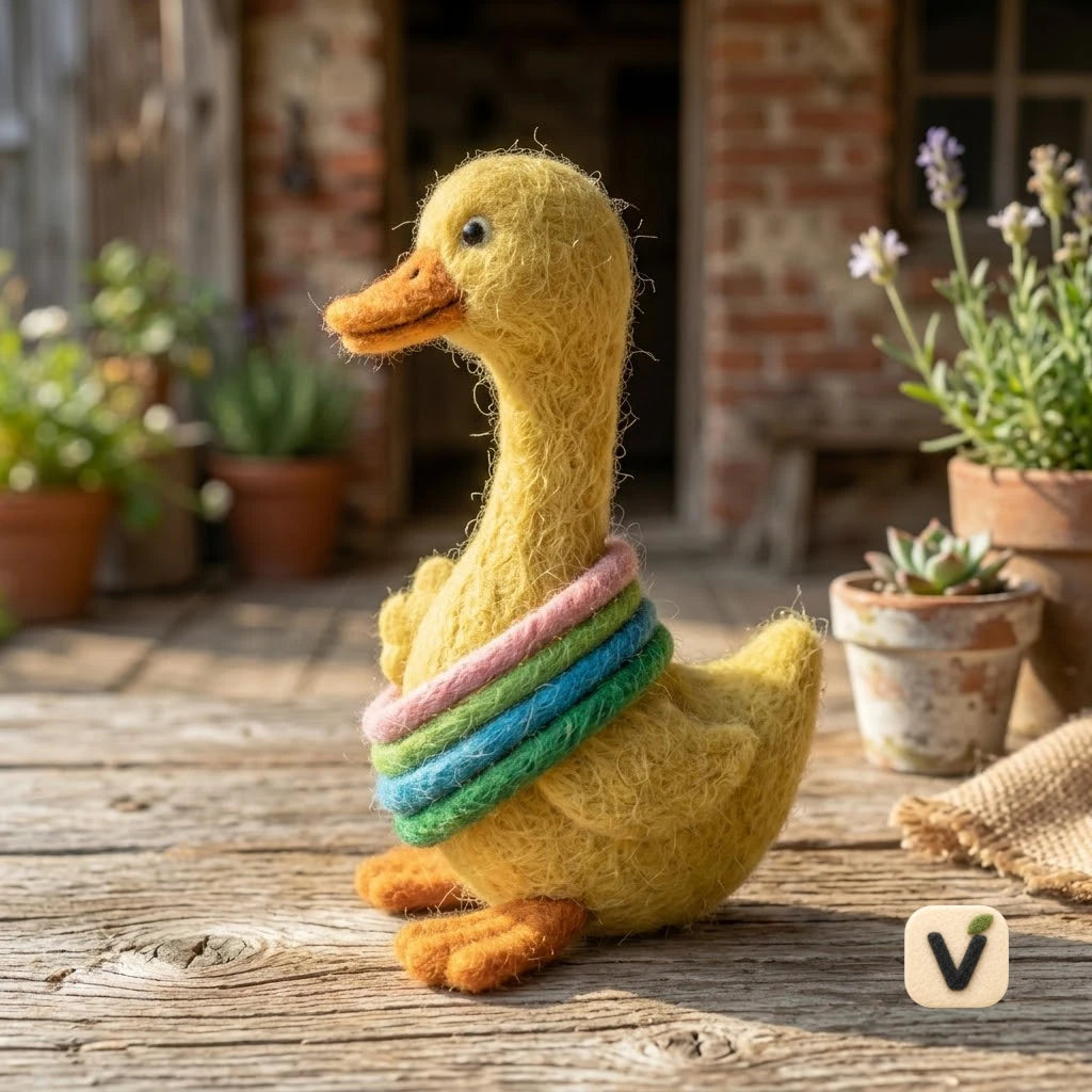 Handmade Wool Felt Yellow Duck Figurine with Colorful Rainbow Float Rings – Rustic Farm Animal Table Decor