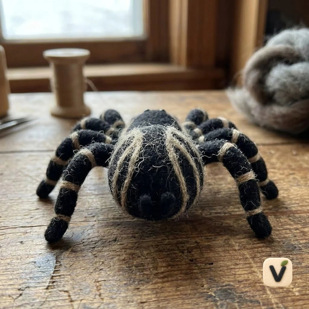 Handmade Wool Felt Striped Tarantula Spider Figurine – Unique Insect Desktop Decor