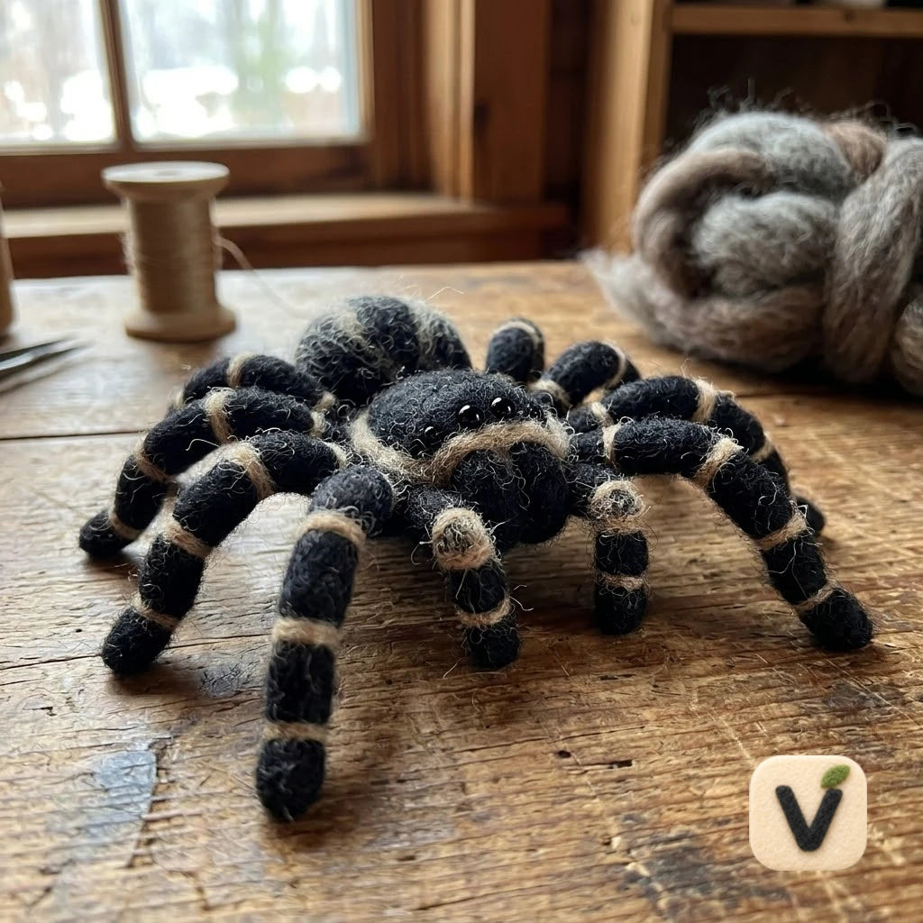 Handmade Wool Felt Striped Tarantula Spider Figurine – Unique Insect Desktop Decor