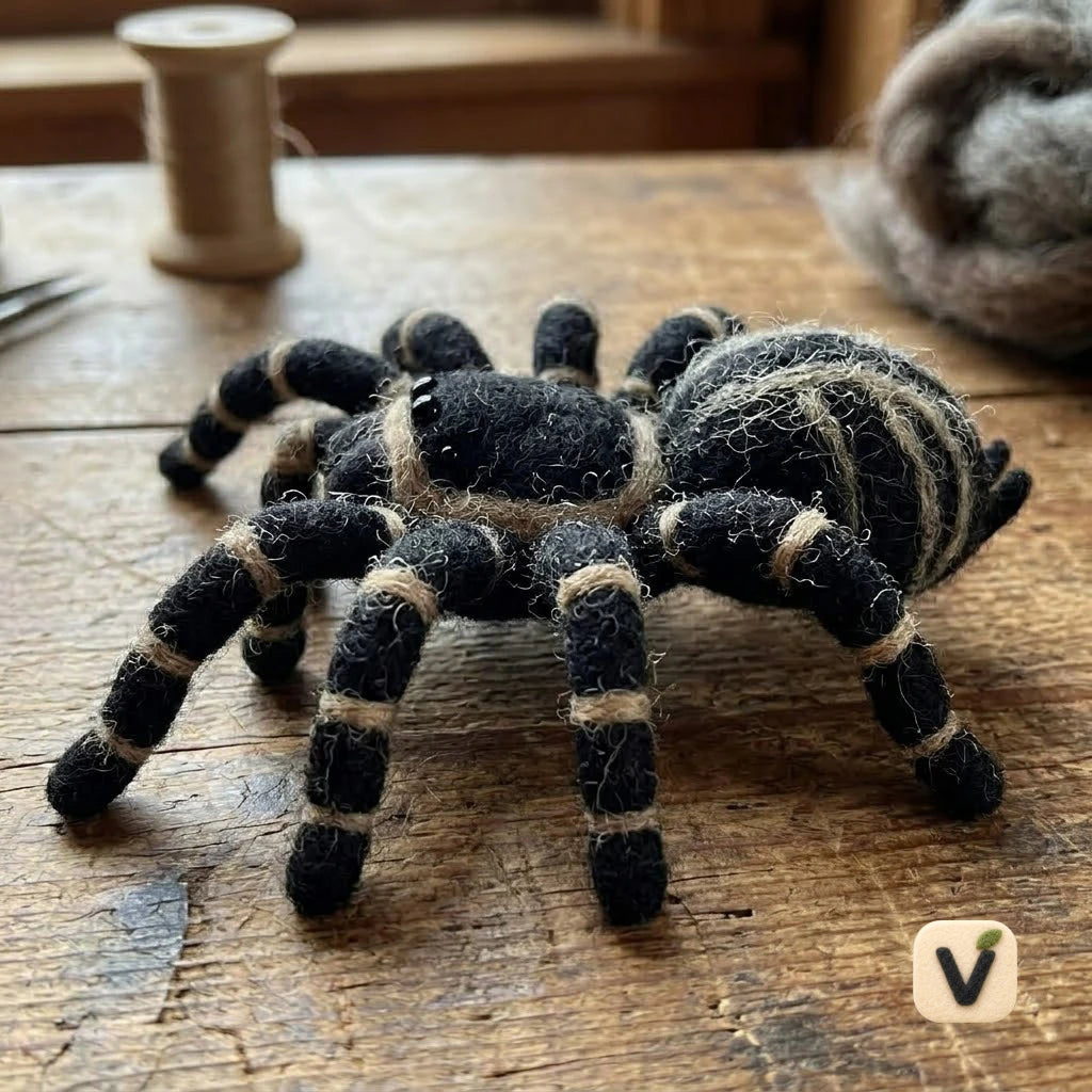 Handmade Wool Felt Striped Tarantula Spider Figurine – Unique Insect Desktop Decor