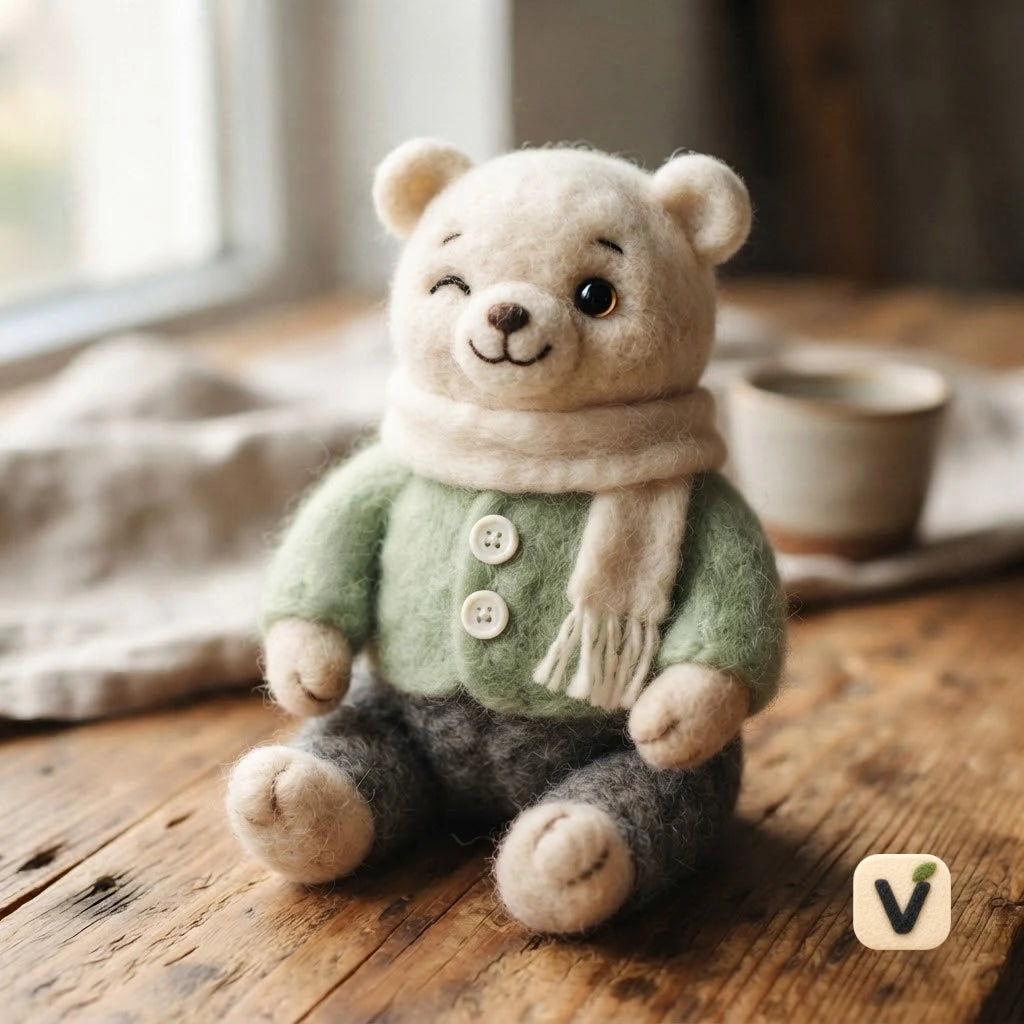 Handmade Wool Felt Winking White Bear Figurine with Green Sweater & Cream Scarf – Cozy Casual Desktop Decor