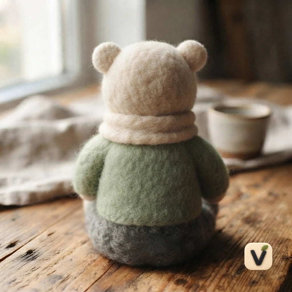 Handmade Wool Felt Winking White Bear Figurine with Green Sweater & Cream Scarf – Cozy Casual Desktop Decor