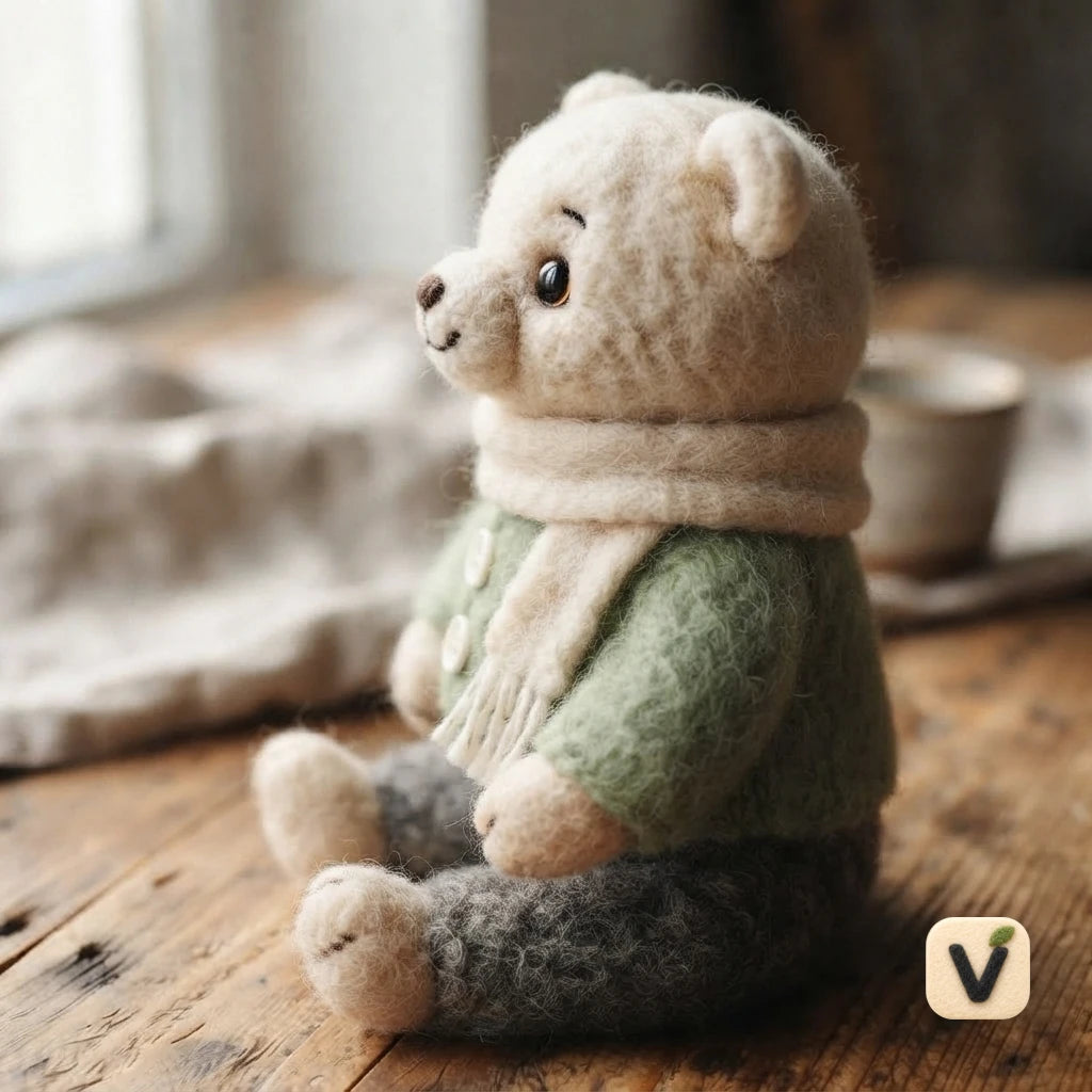 Handmade Wool Felt Winking White Bear Figurine with Green Sweater & Cream Scarf – Cozy Casual Desktop Decor