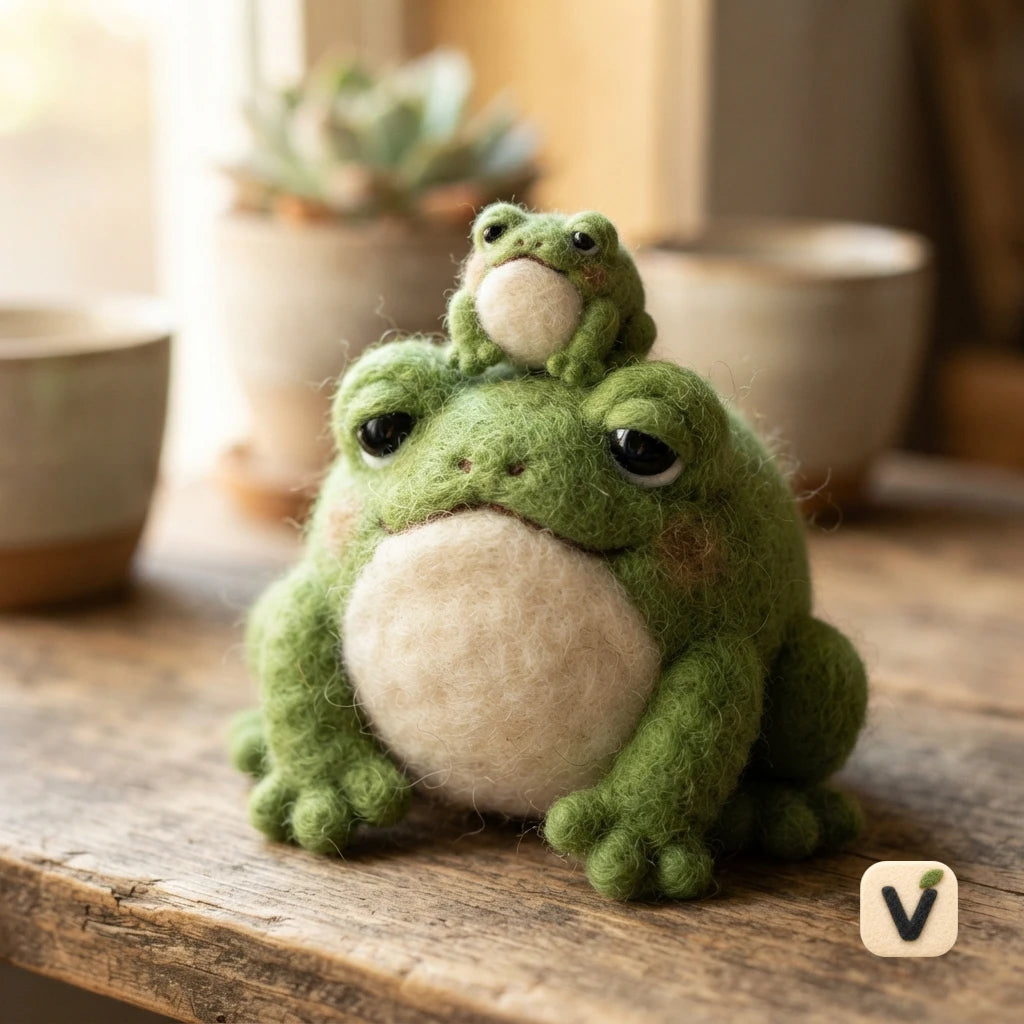 Handmade Wool Felt Parent and Baby Frog Figurine Set – Cute Forest Animal Table Decor