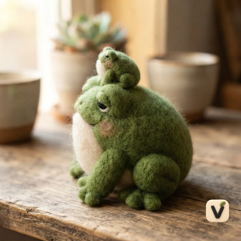 Handmade Wool Felt Parent and Baby Frog Figurine Set – Cute Forest Animal Table Decor