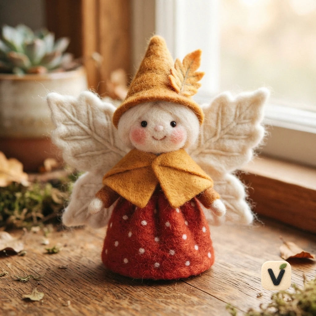 Handmade Wool Felt Autumn Leaf Fairy Figurine with Maple Wings – Fall Season Window Table Decor