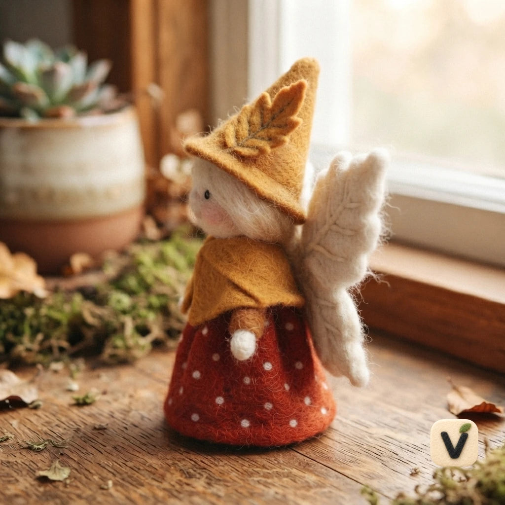 Handmade Wool Felt Autumn Leaf Fairy Figurine with Maple Wings – Fall Season Window Table Decor
