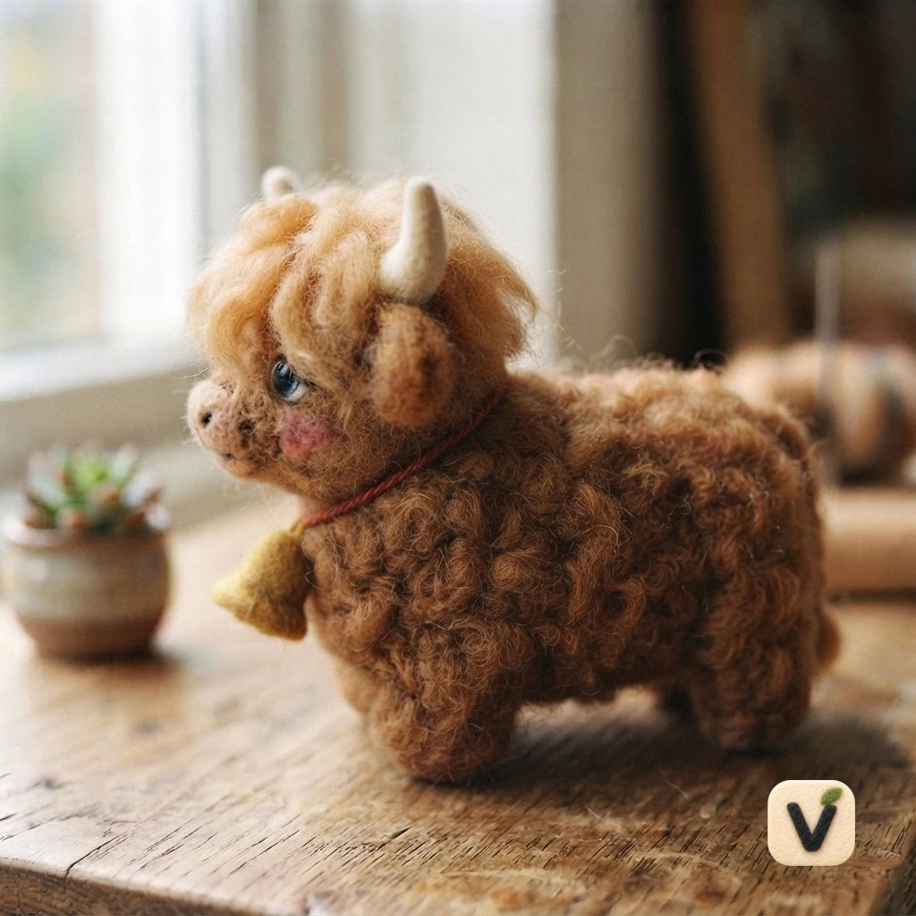 Handmade Wool Felt Fluffy Highland Cow Figurine with Wool Bell – Rustic Farm Animal Desktop Decor